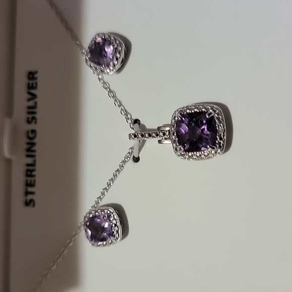 Sterling Silver 18" Amethyst & Diamond Pendant, Necklace & Stud Earrings Set - Picture 5 of 5
